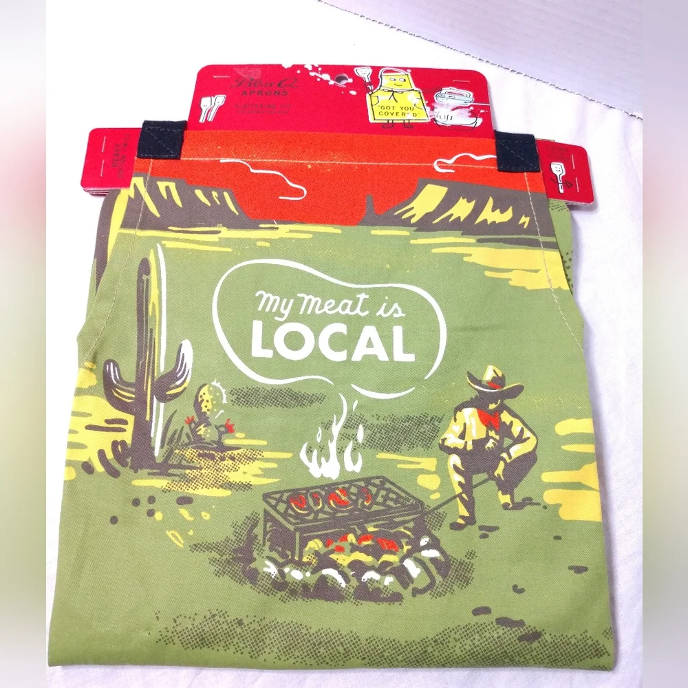 NEW Blue Q Apron My Meat is Local Green Cowboy Southwest Cactus OSFA